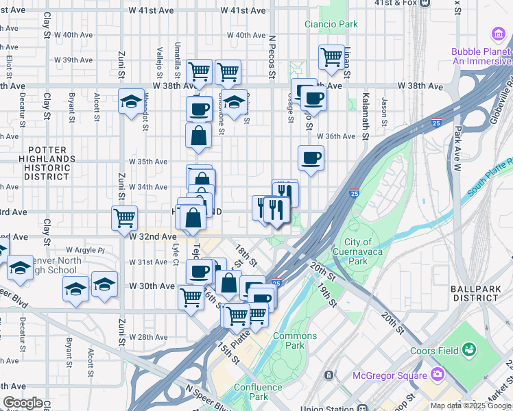 map of restaurants, bars, coffee shops, grocery stores, and more near 1743 West 33rd Avenue in Denver
