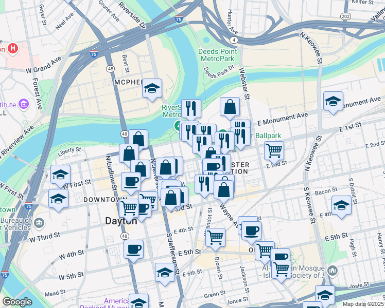 map of restaurants, bars, coffee shops, grocery stores, and more near 207 North Patterson Boulevard in Dayton