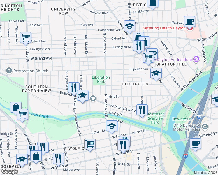 map of restaurants, bars, coffee shops, grocery stores, and more near 732 N Broadway St in Dayton