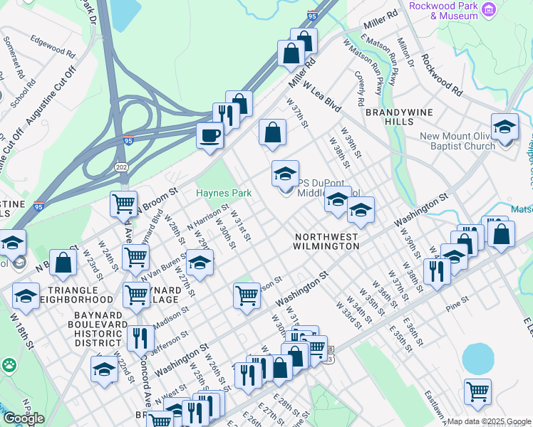 map of restaurants, bars, coffee shops, grocery stores, and more near 3210 North Van Buren Street in Wilmington
