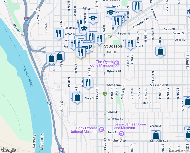 map of restaurants, bars, coffee shops, grocery stores, and more near 424 South 9th Street in Saint Joseph