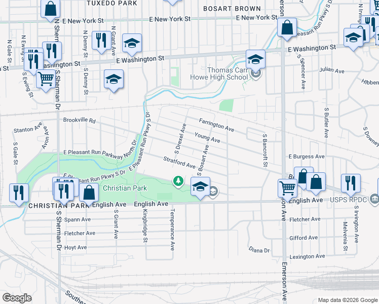 map of restaurants, bars, coffee shops, grocery stores, and more near 4621 South Brookville Road in Indianapolis