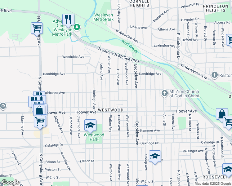 map of restaurants, bars, coffee shops, grocery stores, and more near 729 Huron Ave in Dayton