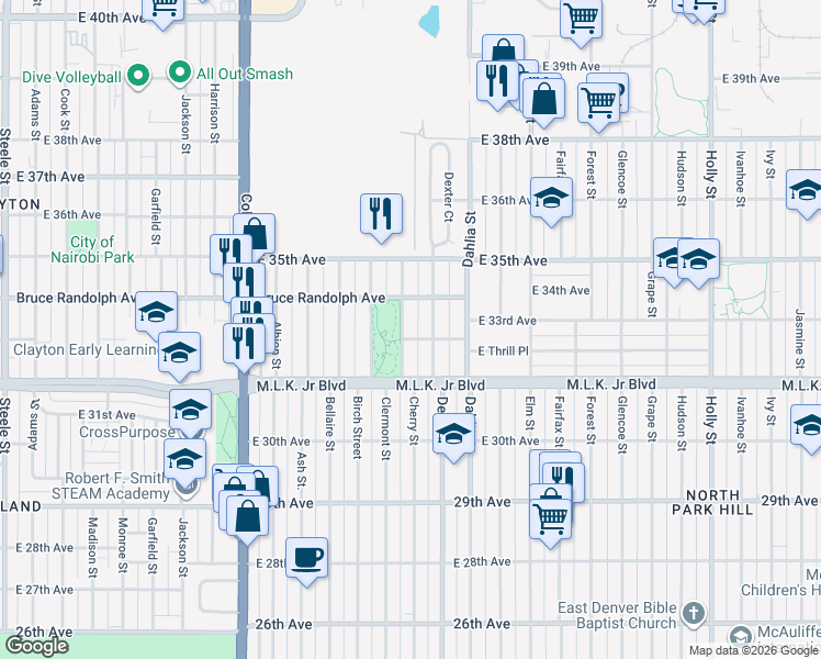 map of restaurants, bars, coffee shops, grocery stores, and more near 3310 Cherry Street in Denver
