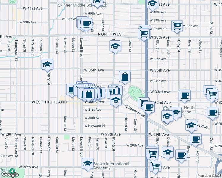 map of restaurants, bars, coffee shops, grocery stores, and more near 3257 Irving Street in Denver