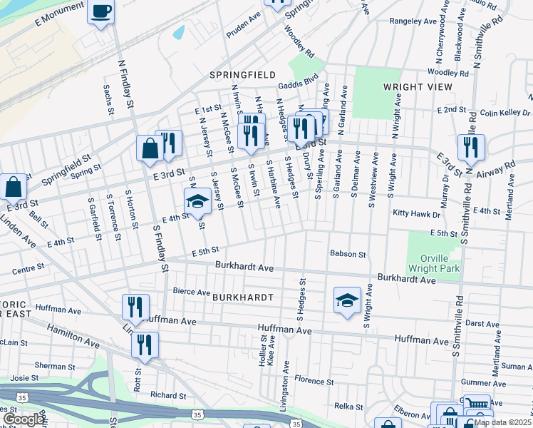 map of restaurants, bars, coffee shops, grocery stores, and more near 122 S Irwin St in Dayton