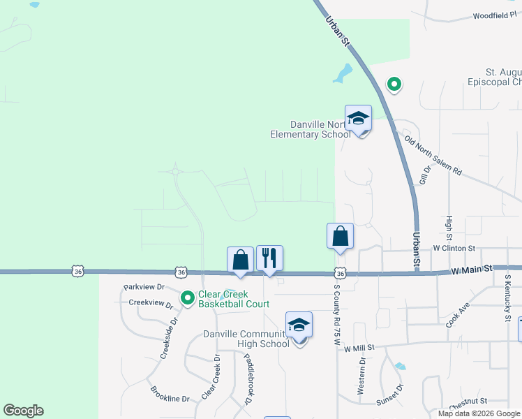 map of restaurants, bars, coffee shops, grocery stores, and more near 1308 U.S. 36 in Danville