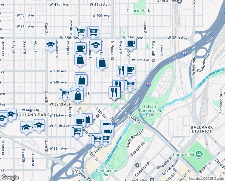 map of restaurants, bars, coffee shops, grocery stores, and more near 3325 North Pecos Street in Denver