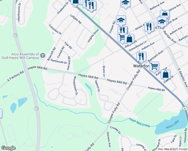 map of restaurants, bars, coffee shops, grocery stores, and more near 147 Hayes Mill Road in Atco