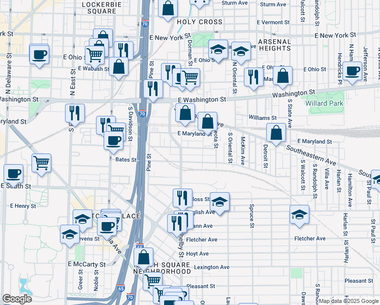 map of restaurants, bars, coffee shops, grocery stores, and more near 201 Shelby Street in Indianapolis