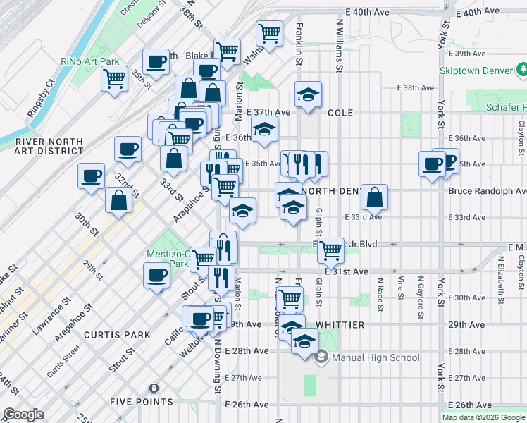 map of restaurants, bars, coffee shops, grocery stores, and more near 3310 North Lafayette Street in Denver