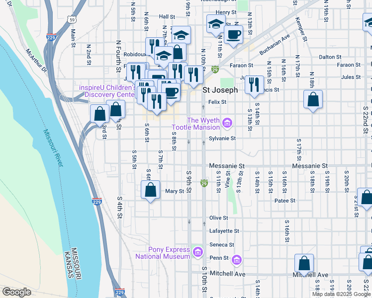 map of restaurants, bars, coffee shops, grocery stores, and more near 424 South 9th Street in Saint Joseph