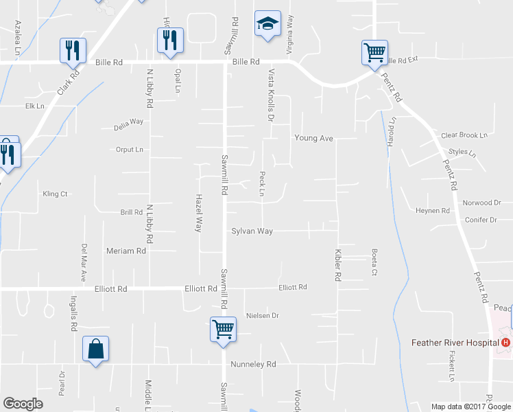 map of restaurants, bars, coffee shops, grocery stores, and more near 1570 Sawpeck Way in Paradise