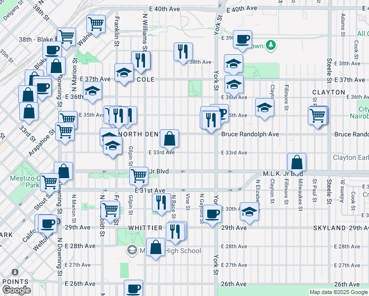 map of restaurants, bars, coffee shops, grocery stores, and more near 3309 Vine Street in Denver