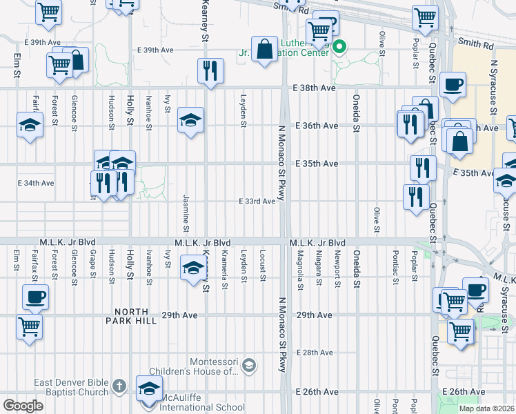 map of restaurants, bars, coffee shops, grocery stores, and more near 3285 North Locust Street in Denver