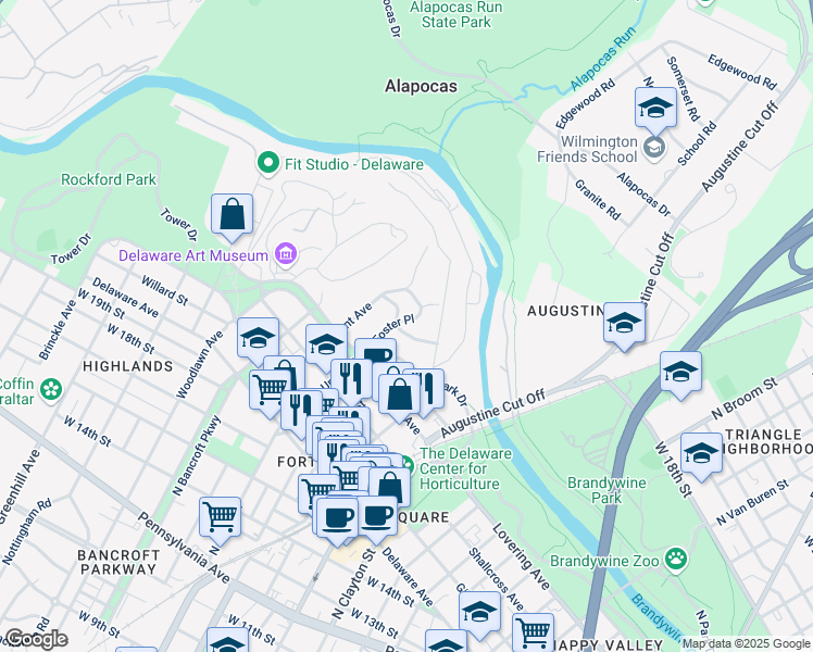 map of restaurants, bars, coffee shops, grocery stores, and more near 1908 Field Road in Wilmington