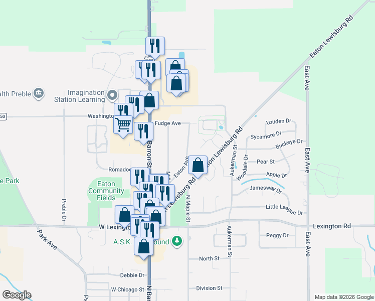 map of restaurants, bars, coffee shops, grocery stores, and more near 237 Eaton Avenue in Eaton