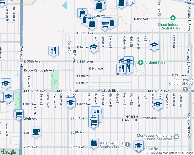 map of restaurants, bars, coffee shops, grocery stores, and more near 5160 East 33rd Avenue in Denver