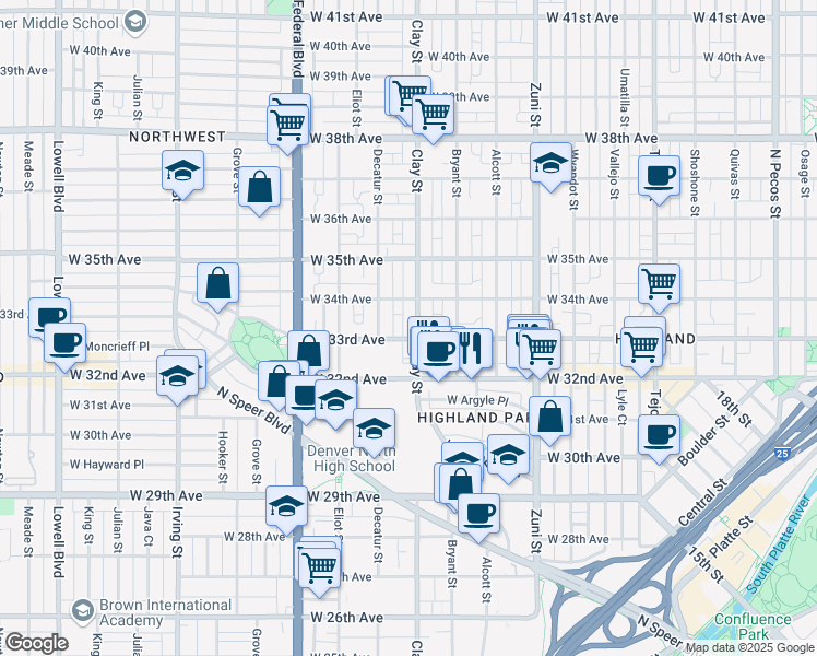 map of restaurants, bars, coffee shops, grocery stores, and more near 3315 Clay Street in Denver