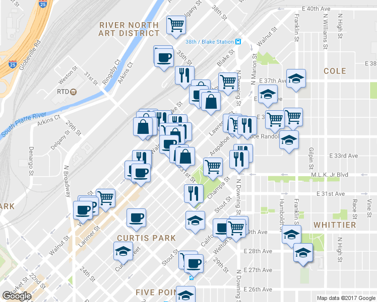 map of restaurants, bars, coffee shops, grocery stores, and more near 3101 Lawrence Street in Denver