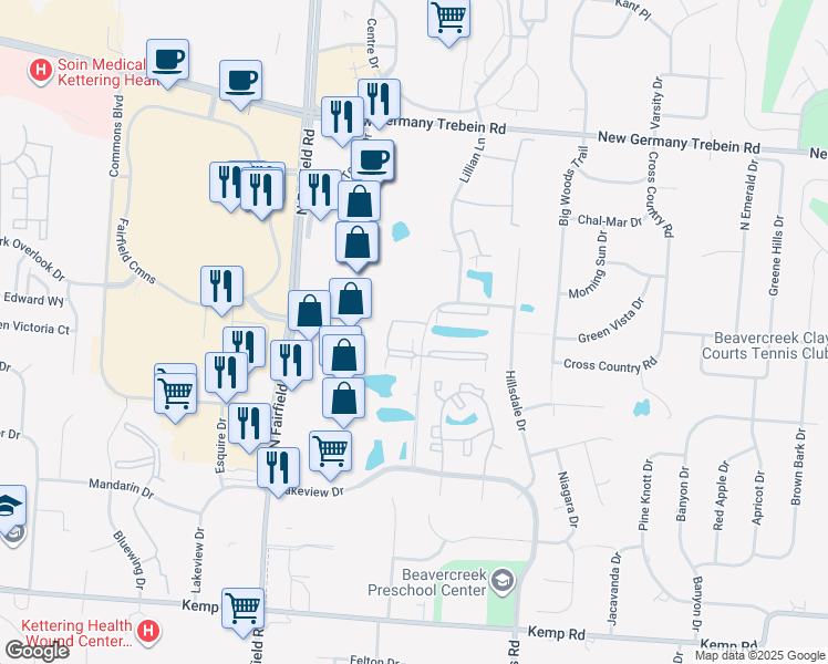 map of restaurants, bars, coffee shops, grocery stores, and more near 3125 Crestmont Lane in Beavercreek