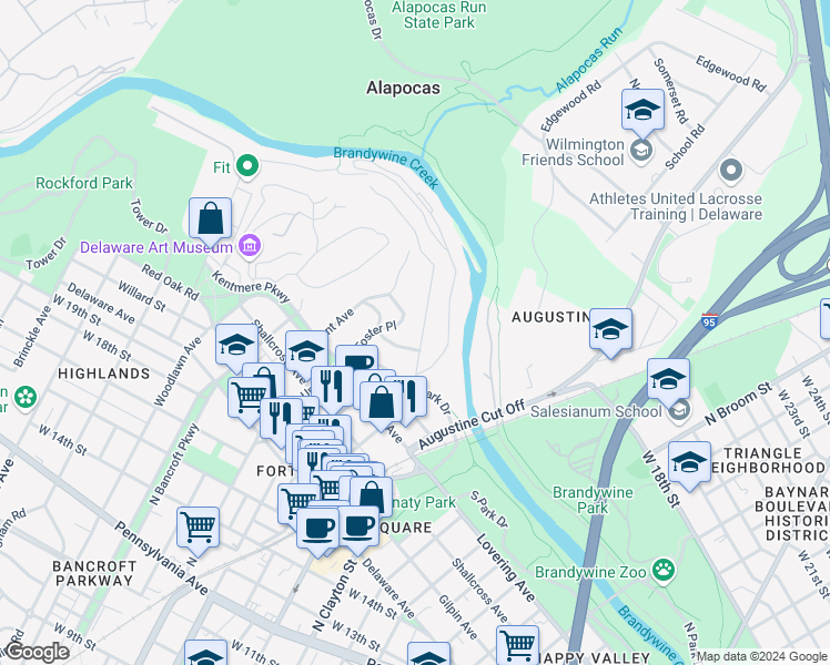 map of restaurants, bars, coffee shops, grocery stores, and more near 2301 Riddle Avenue in Wilmington