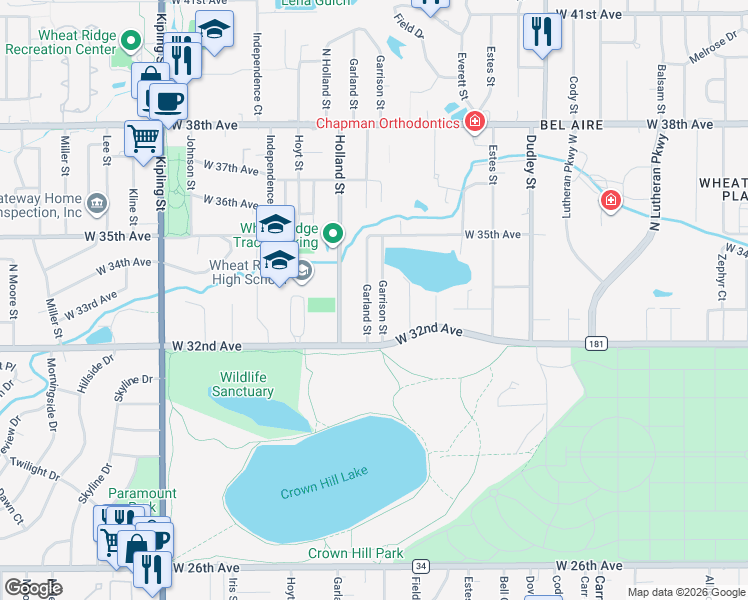 map of restaurants, bars, coffee shops, grocery stores, and more near 3276 Garland Street in Wheat Ridge