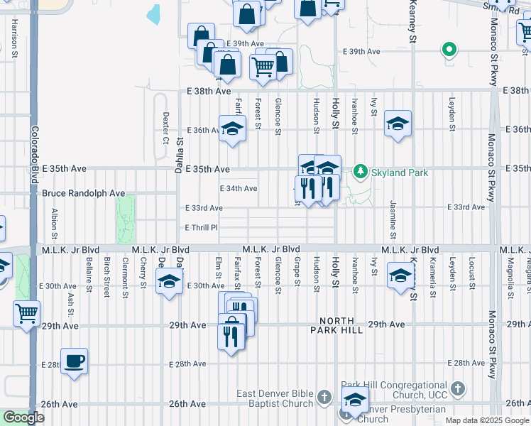 map of restaurants, bars, coffee shops, grocery stores, and more near 5240 East 33rd Avenue in Denver