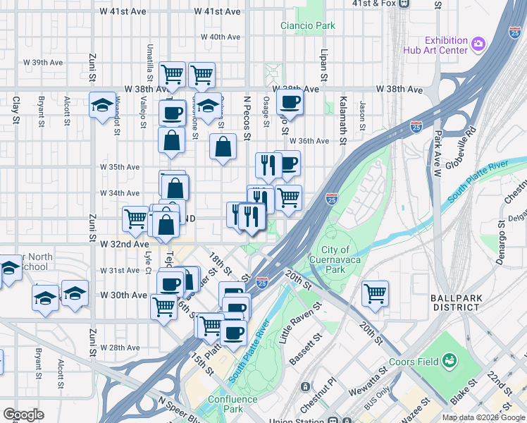 map of restaurants, bars, coffee shops, grocery stores, and more near 3300 North Pecos Street in Denver