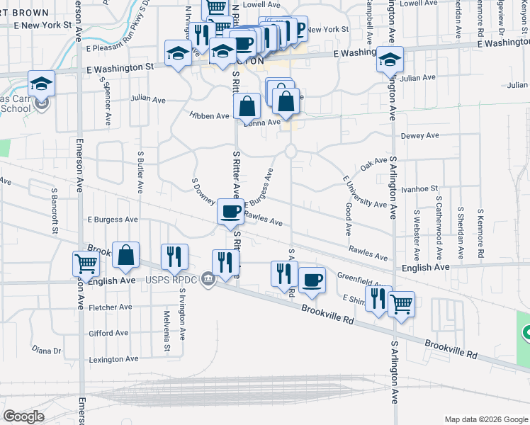 map of restaurants, bars, coffee shops, grocery stores, and more near 5622 Rawles Avenue in Indianapolis