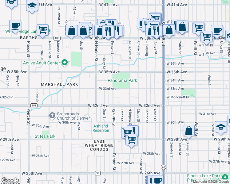 map of restaurants, bars, coffee shops, grocery stores, and more near 3280 Fenton Street in Wheat Ridge