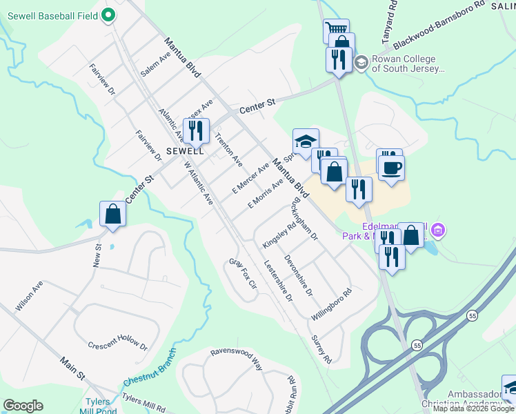 map of restaurants, bars, coffee shops, grocery stores, and more near 161 Morris Avenue in Mantua Township