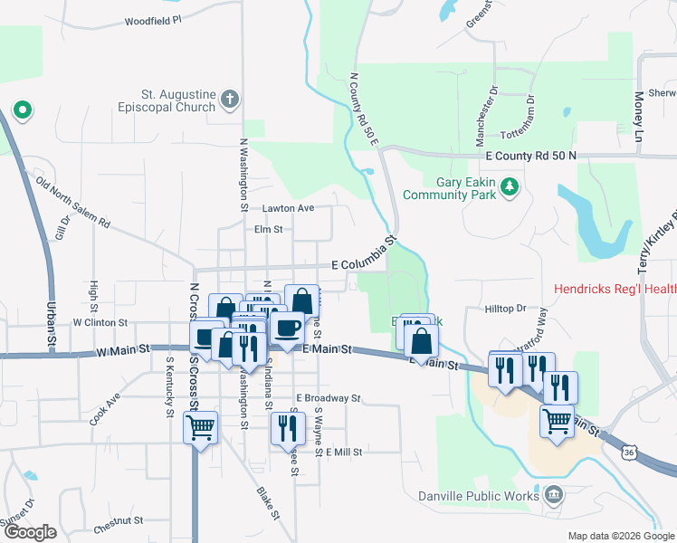 map of restaurants, bars, coffee shops, grocery stores, and more near 323 East Columbia Street in Danville