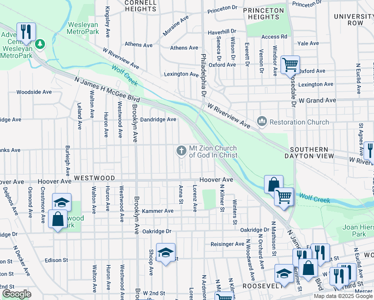 map of restaurants, bars, coffee shops, grocery stores, and more near 561 Evergreen Avenue in Dayton