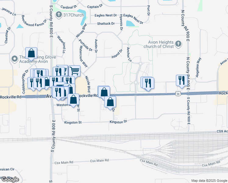 map of restaurants, bars, coffee shops, grocery stores, and more near 8482 East US Highway 36 in Avon