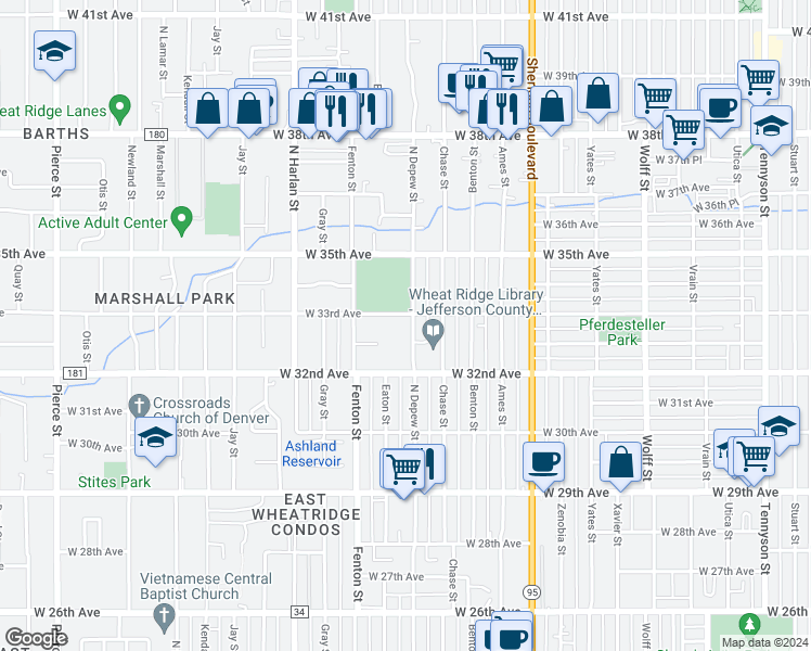 map of restaurants, bars, coffee shops, grocery stores, and more near 3281 Depew Street in Wheat Ridge