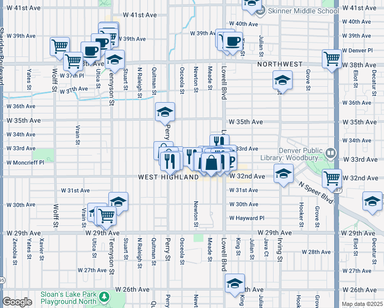 map of restaurants, bars, coffee shops, grocery stores, and more near 3279 Newton Street in Denver
