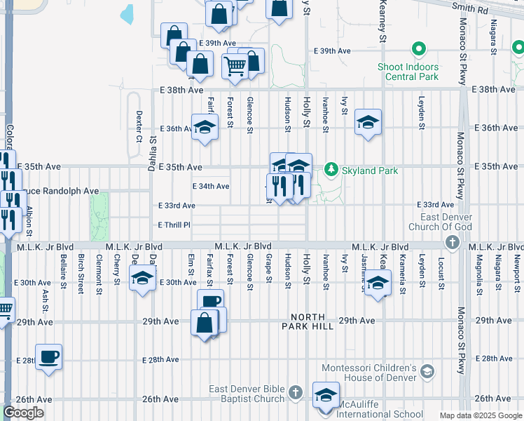 map of restaurants, bars, coffee shops, grocery stores, and more near 5330 East 33rd Avenue in Denver