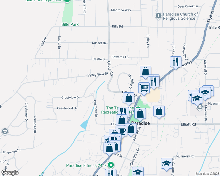 map of restaurants, bars, coffee shops, grocery stores, and more near 658 Dogwood Lane in Paradise
