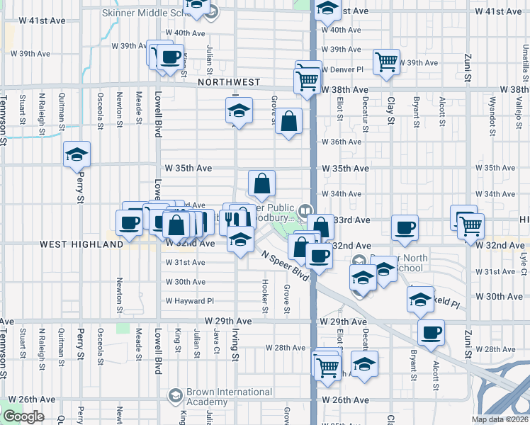 map of restaurants, bars, coffee shops, grocery stores, and more near 3209 West Fairview Place in Denver