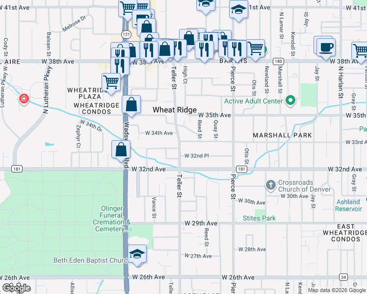 map of restaurants, bars, coffee shops, grocery stores, and more near 3270 Teller Street in Wheat Ridge