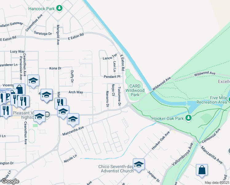 map of restaurants, bars, coffee shops, grocery stores, and more near 5 Noyo Court in Chico