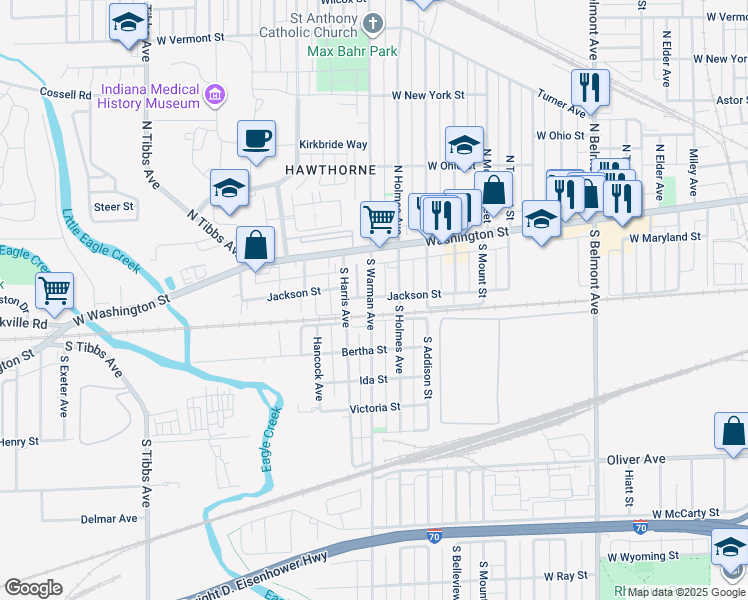 map of restaurants, bars, coffee shops, grocery stores, and more near 2731 Jackson Street in Indianapolis