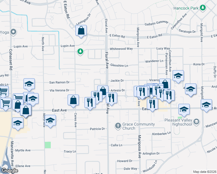 map of restaurants, bars, coffee shops, grocery stores, and more near 29 la Bella Court in Chico