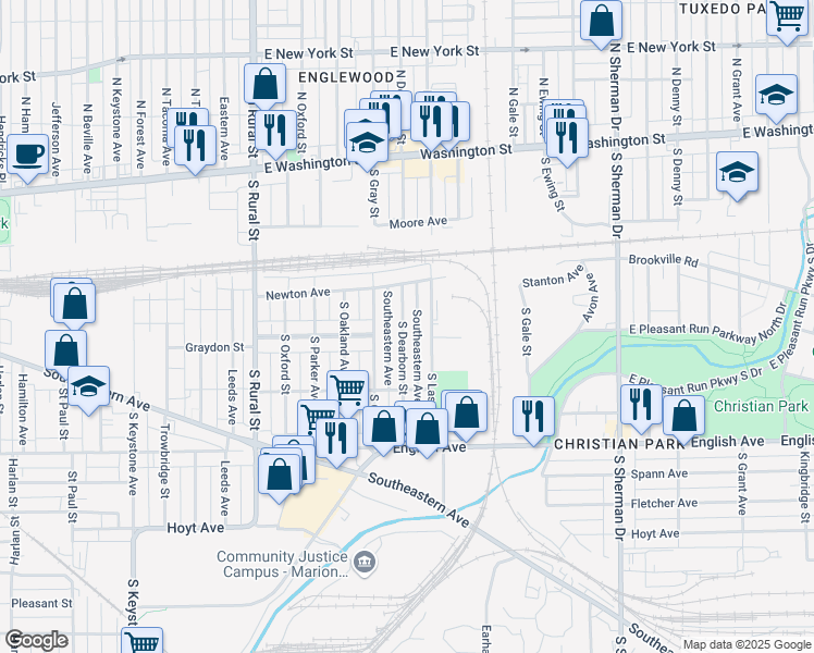map of restaurants, bars, coffee shops, grocery stores, and more near 265 South Dearborn Street in Indianapolis