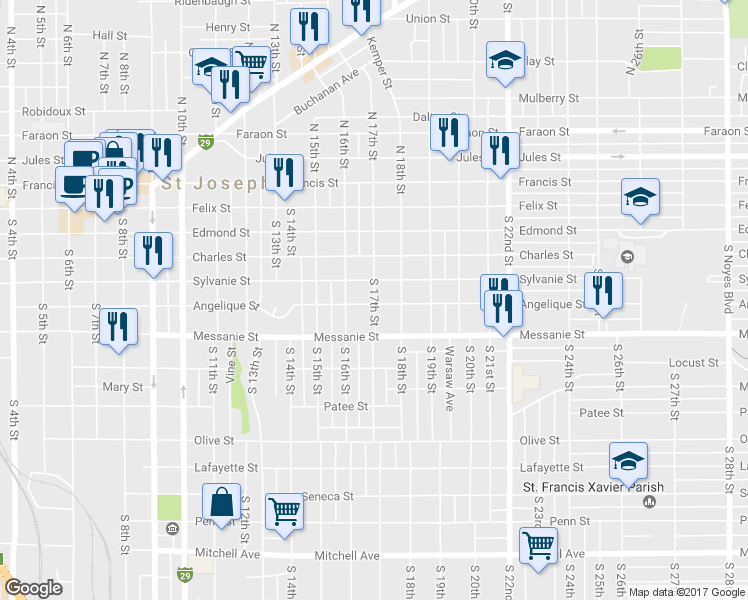 map of restaurants, bars, coffee shops, grocery stores, and more near 426 South 17th Street in Saint Joseph