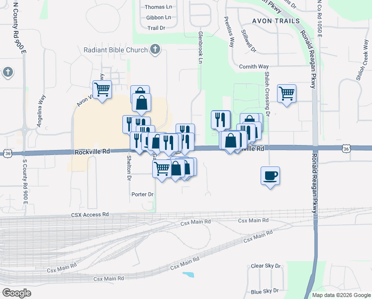 map of restaurants, bars, coffee shops, grocery stores, and more near 9931 U.S. 36 in Avon