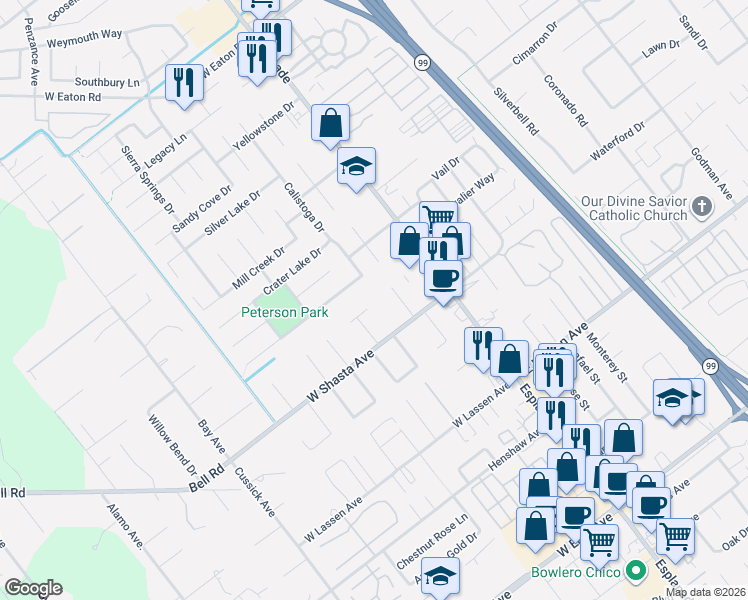 map of restaurants, bars, coffee shops, grocery stores, and more near 224 Somerset Place in Chico