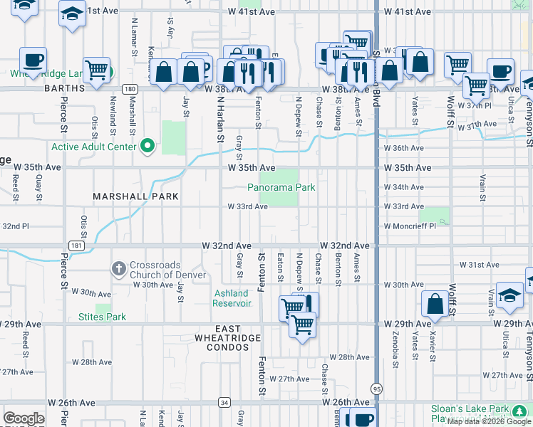 map of restaurants, bars, coffee shops, grocery stores, and more near 3280 Fenton Street in Wheat Ridge