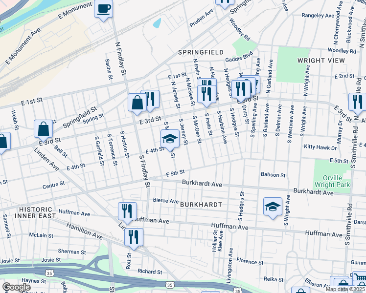 map of restaurants, bars, coffee shops, grocery stores, and more near 2724 East 4th Street in Dayton